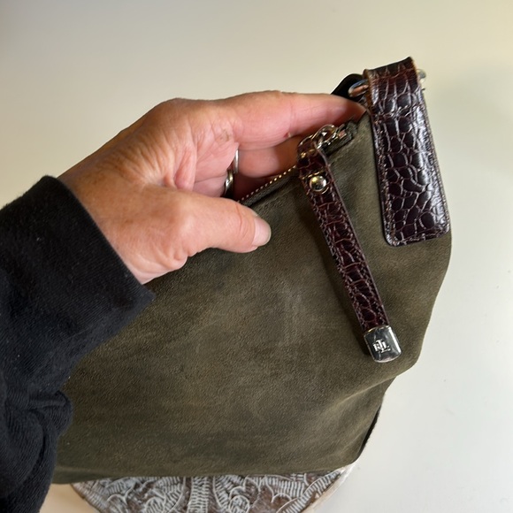 RALPH LAUREN GREEN SUEDE LEATHER, ANIMAL PRINT LEATHER STRAPS PURSE - Picture 3 of 14